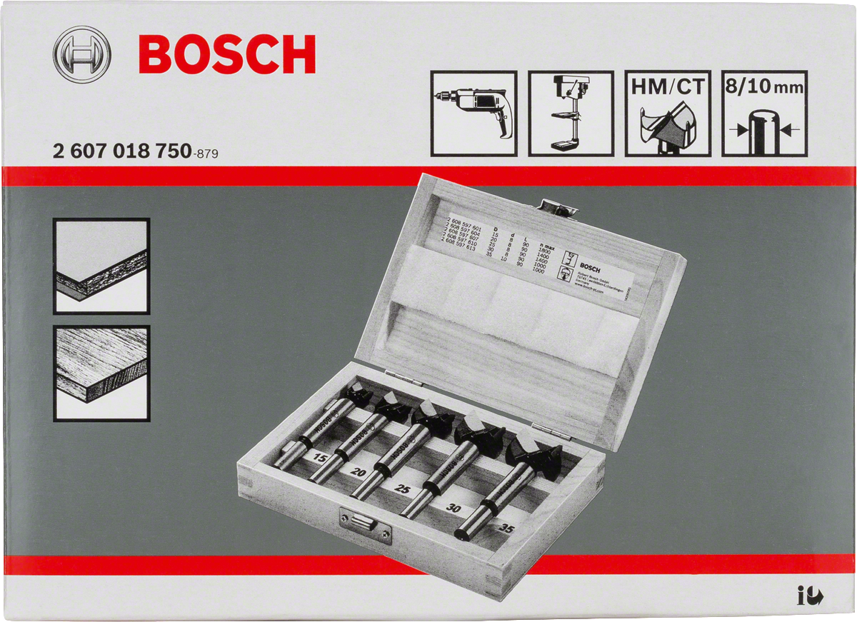 Bosch 5-piece tungsten carbide hinge cutting bit set.