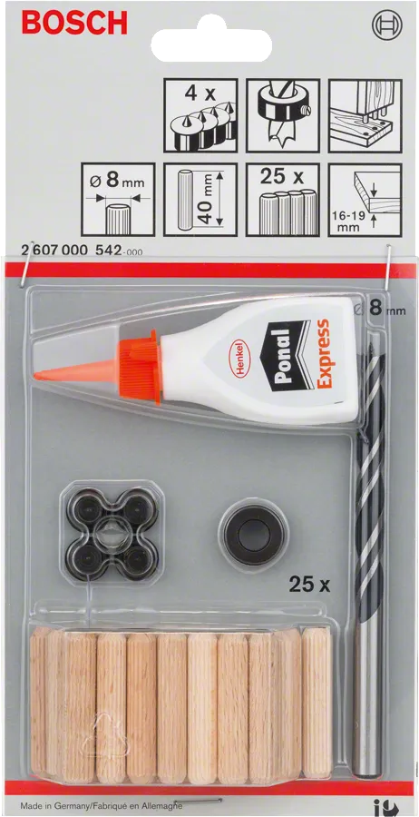 Bosch 32-piece wooden dowel set 8 mm with glue and drill bit.
