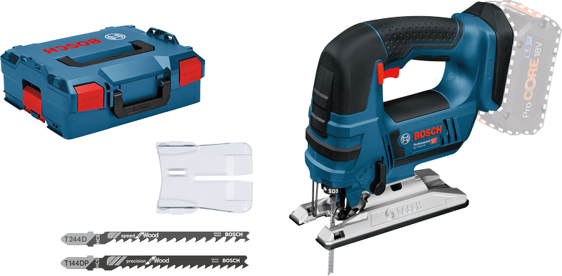 Bosch GST 18 V-LI B cordless jigsaw with case and blades.