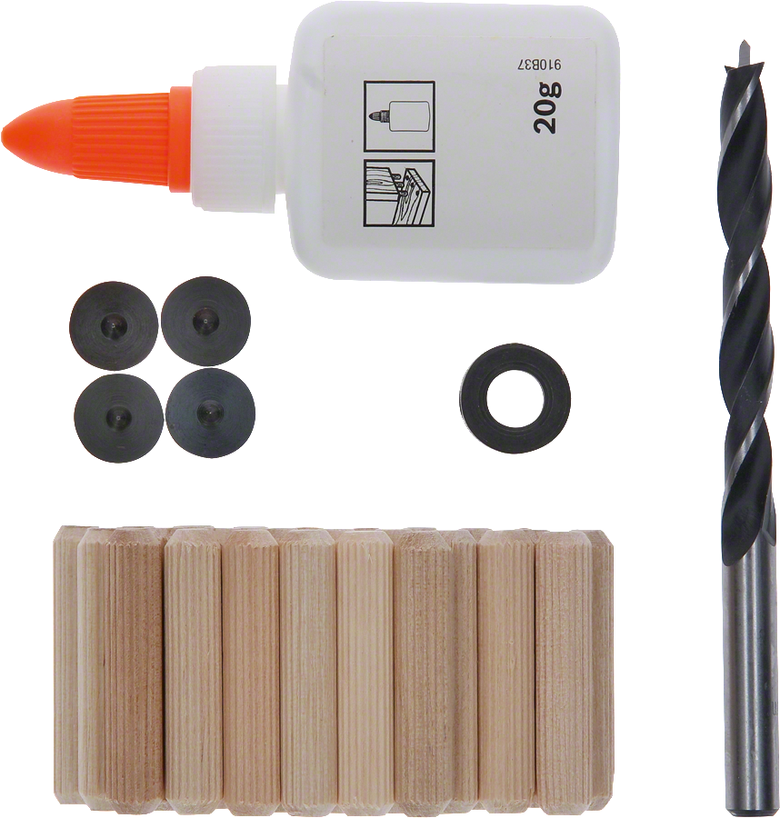 Bosch dowel kit with drill bit, glue and wood dowels.