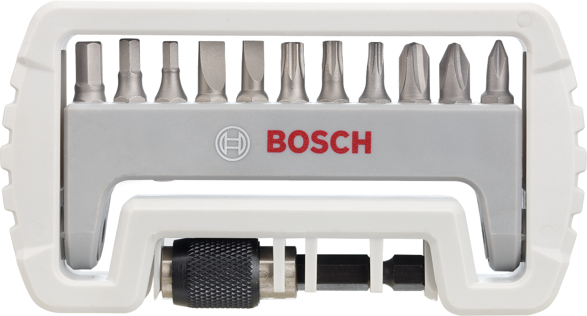 Bosch compact screwdriver bits set with magnetic extension.