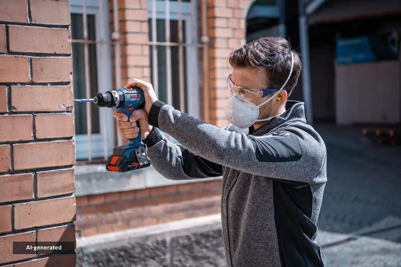 A person wearing safety equipment drills into a brick wall with a cordless power drill.
