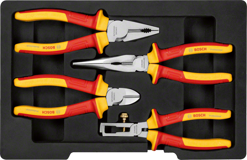 Bosch VDE Pliers Set 4pc, insulated handles for safety.