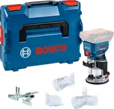 Bosch GKF 18V-8 cordless router with case and accessories.