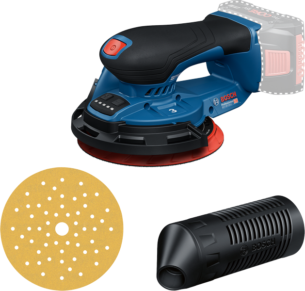 Bosch cordless random orbit sander GEX 18V-150 with dust filter.
