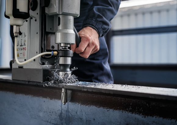 Person drills into a steel beam with a large tool, metal shavings scattered around.