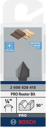 Bosch PRO router bit V-groove 90° 1/2″ 1/4″ shank.