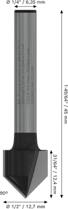 Bosch PRO Router Bit V-Groove 90 degree 1/2 inch diameter.