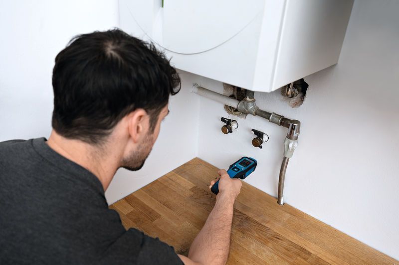 Person checking moisture level in wood countertop near plumbing under a boiler.