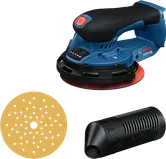 Bosch GEX 18V-150 random orbit sander with pad and dust filter.