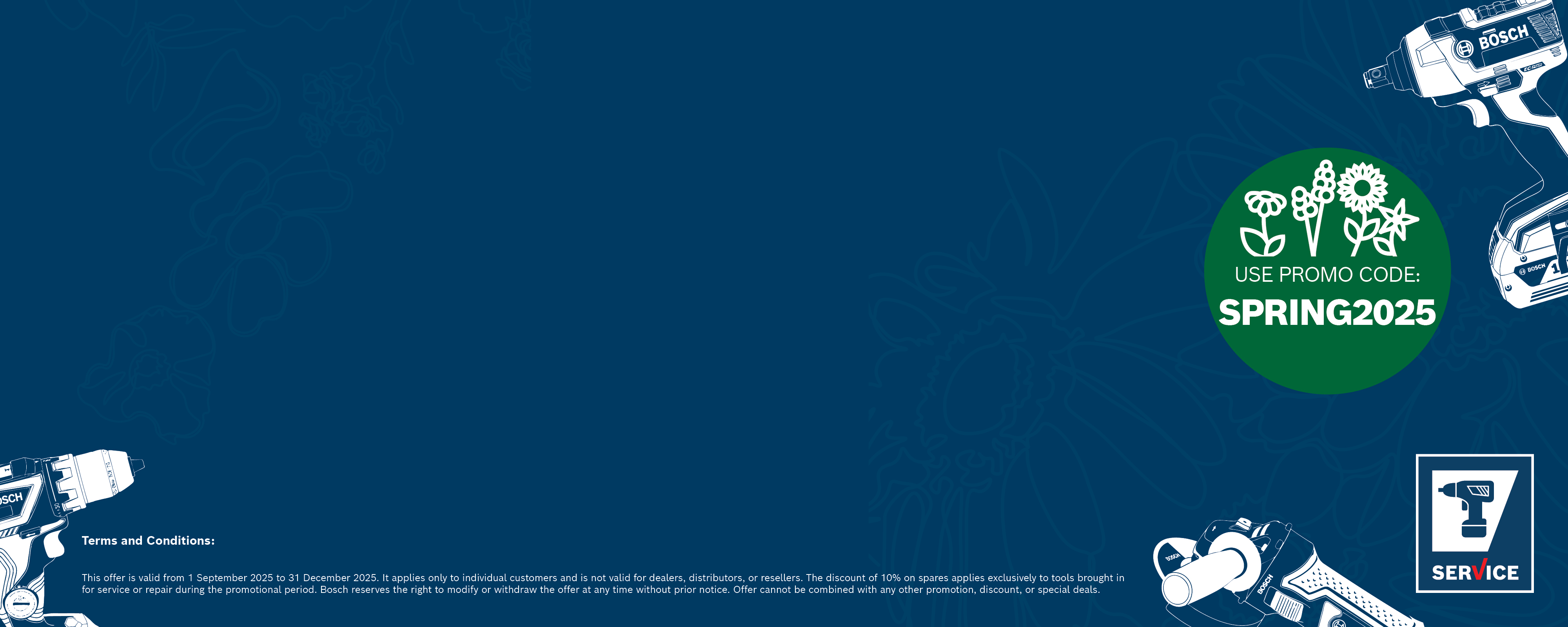 Book a Service or repair for any Bosch Tool & save 10% on spares.