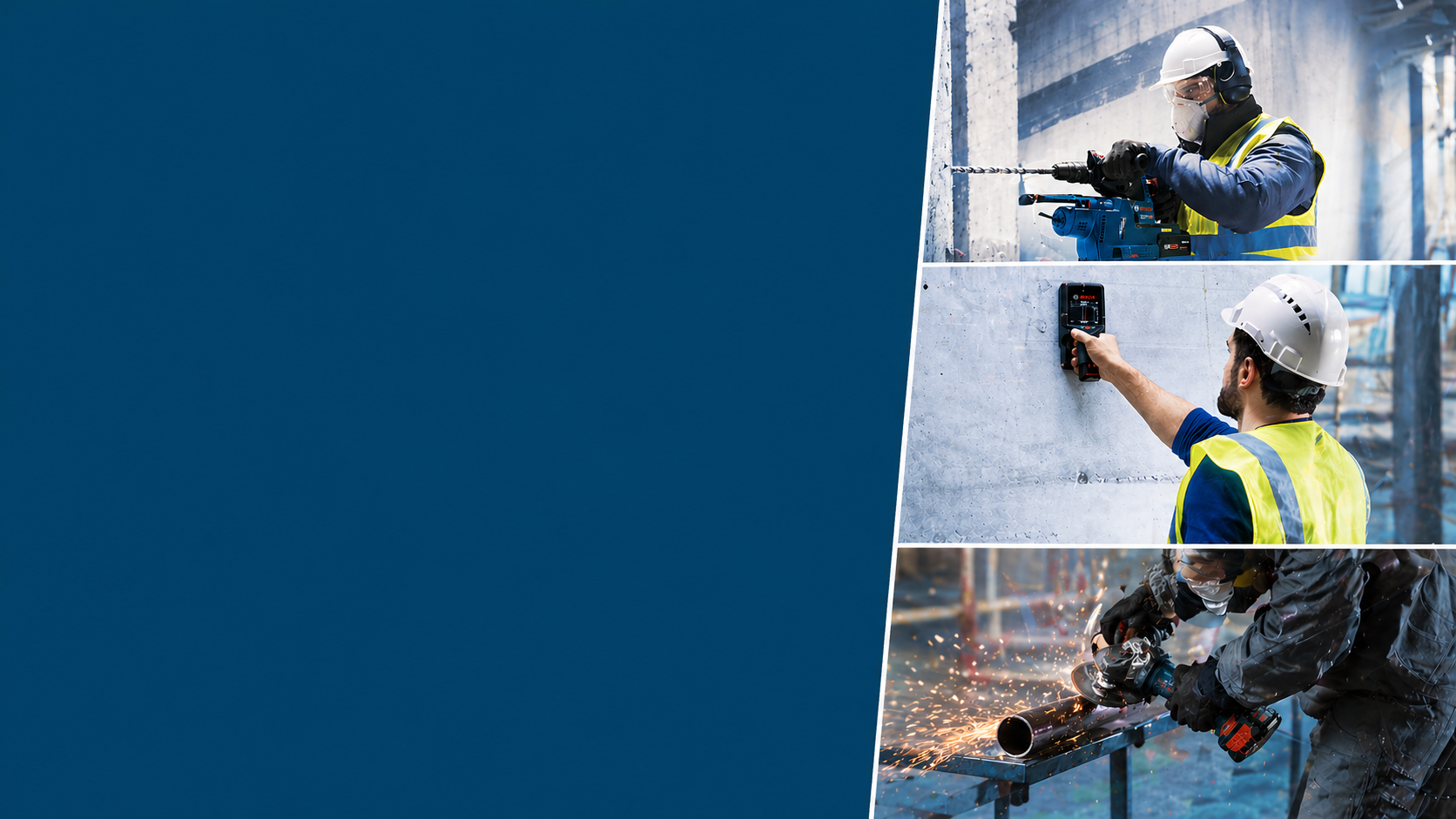 A collage of three construction workers using Bosch Professional tools. The top worker drills, the middle checks measurements, and the bottom cuts metal with sparks flying. All wear safety helmets and yellow vests against a blue background.