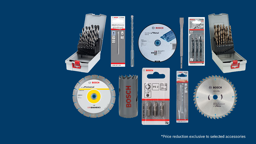 Bosch Professional tools, including drill bits and saw blades, arranged on a blue background.